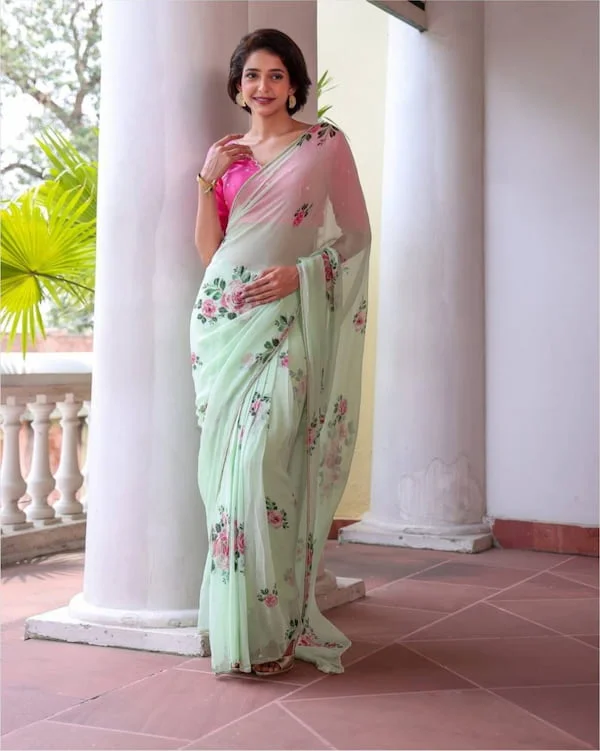 PRINTED READY TO WEAR PLEATED SAREE WITH SMALL LACE