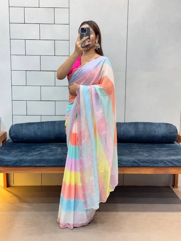 RICH SOFT TABI ORGANZA ALONG WITH RAIBOW MILTICOLOR SHADE PRINT 
