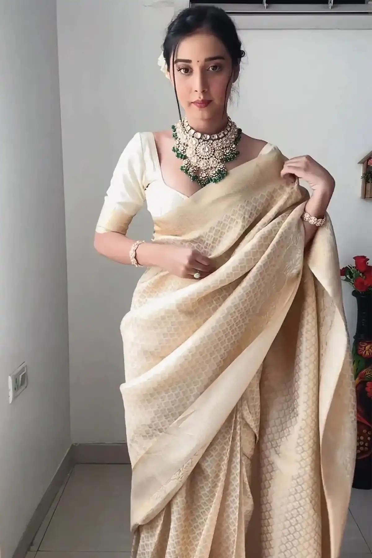 Linght Golden Silk Ready To Wear Pleated Saree