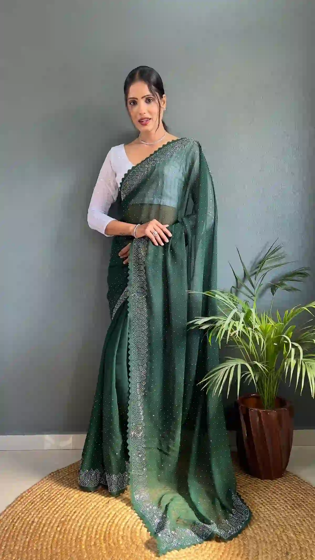 Party Wear Heavy border Green Ready To Wear Pleated Saree