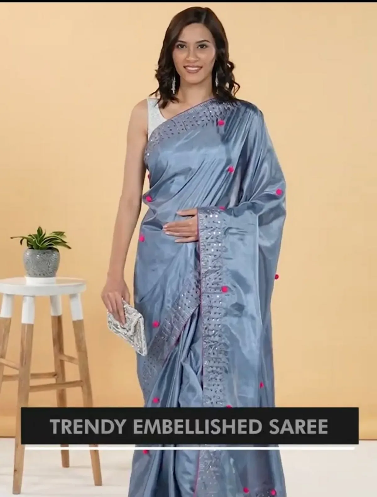 Stylish Stone Work Ready To Wear Pleated Saree