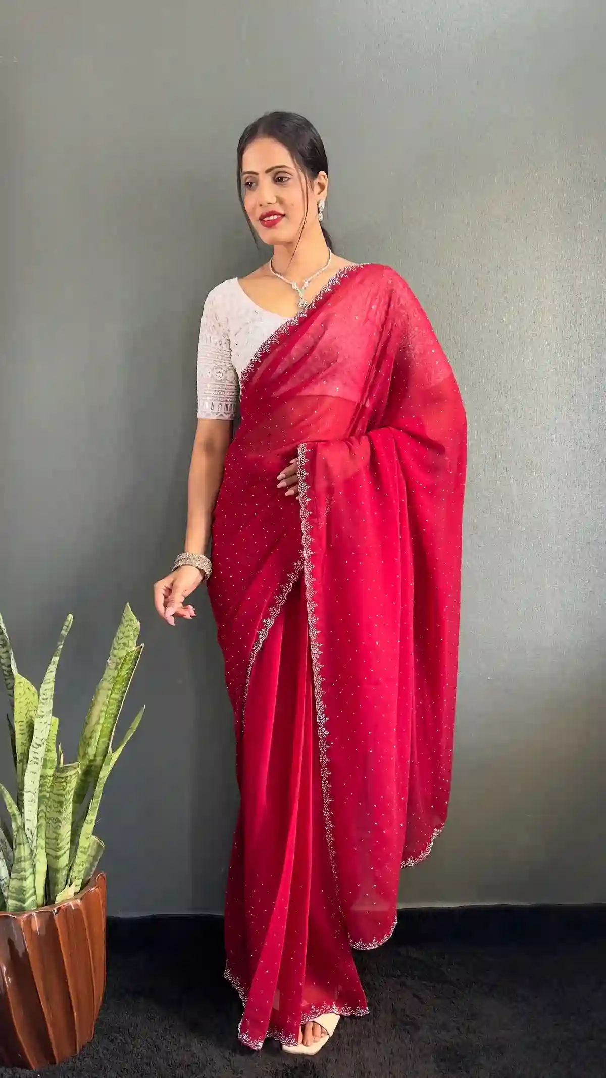 Stylish Stone Border Work Red Ready To Wear Pleated Saree
