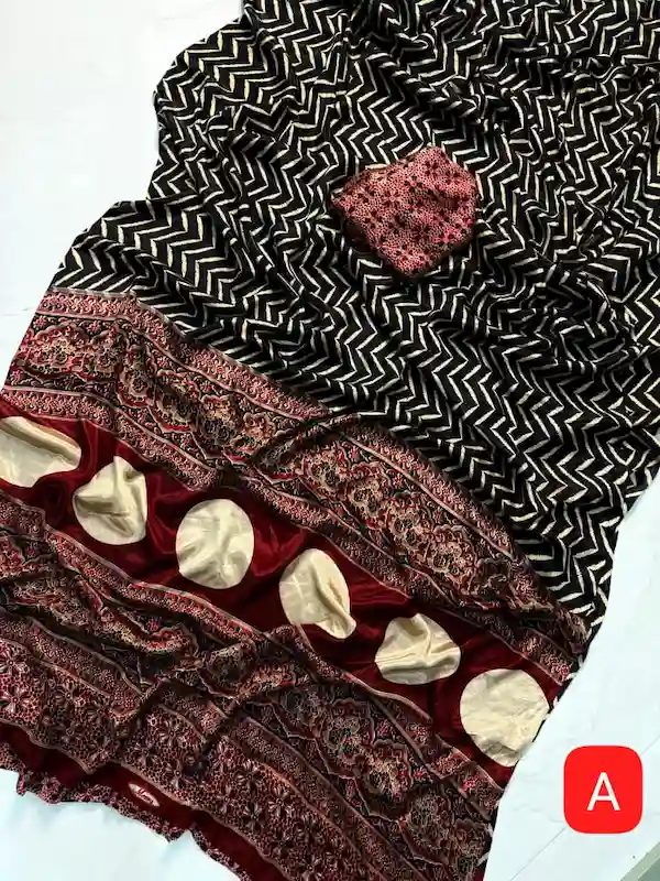 Ajrakh Crepe Silk Saree Premium Satin Finish