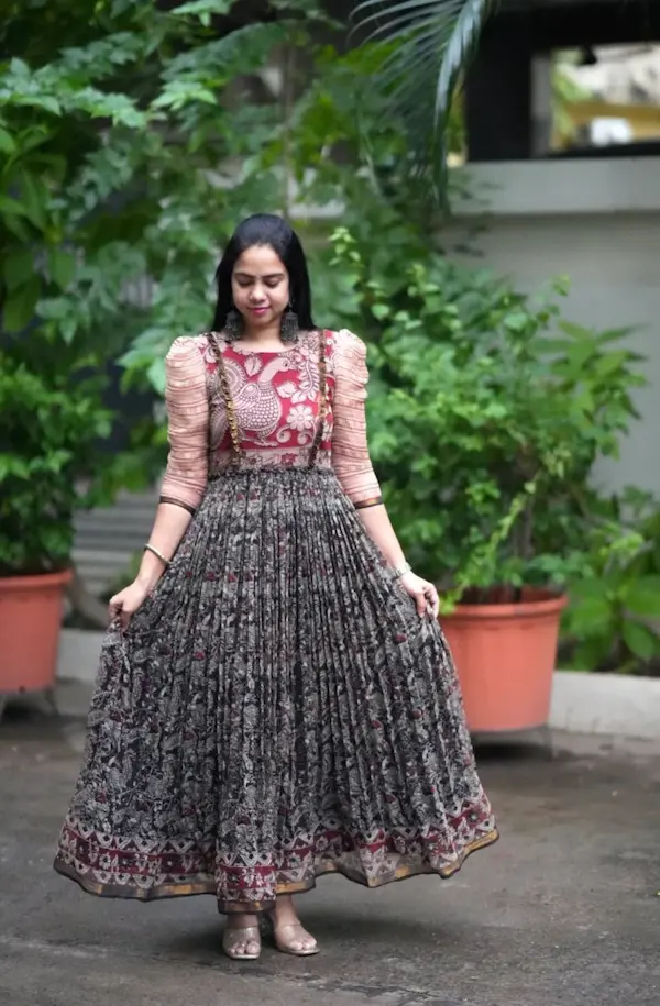 Floral Printed Cubic Chex Midi Dress