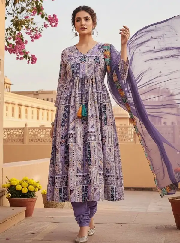 Sahara Lavender Suit Set for Women | Chinnon Silk Kurta, Bottom & Dupatta
