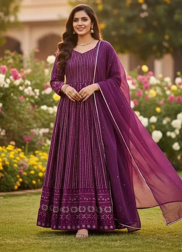 Wine Chikankari Georgette Anarkali Suit Set for Women | Embroidered Festive Wear