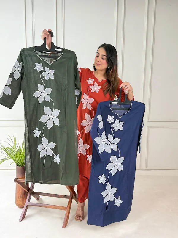 White Slub Cotton Khadi Suit Set for Women | Embroidered Kurti & Pant