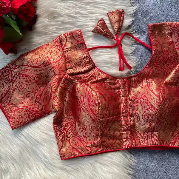 Banarasi Silk Blouse with Golden Zari Work | Front Open Padded Blouse