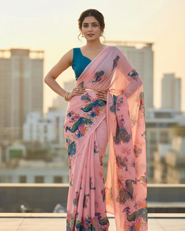 Blooming Georgette Printed Saree for Women | Peacock Print Daily Wear Saree