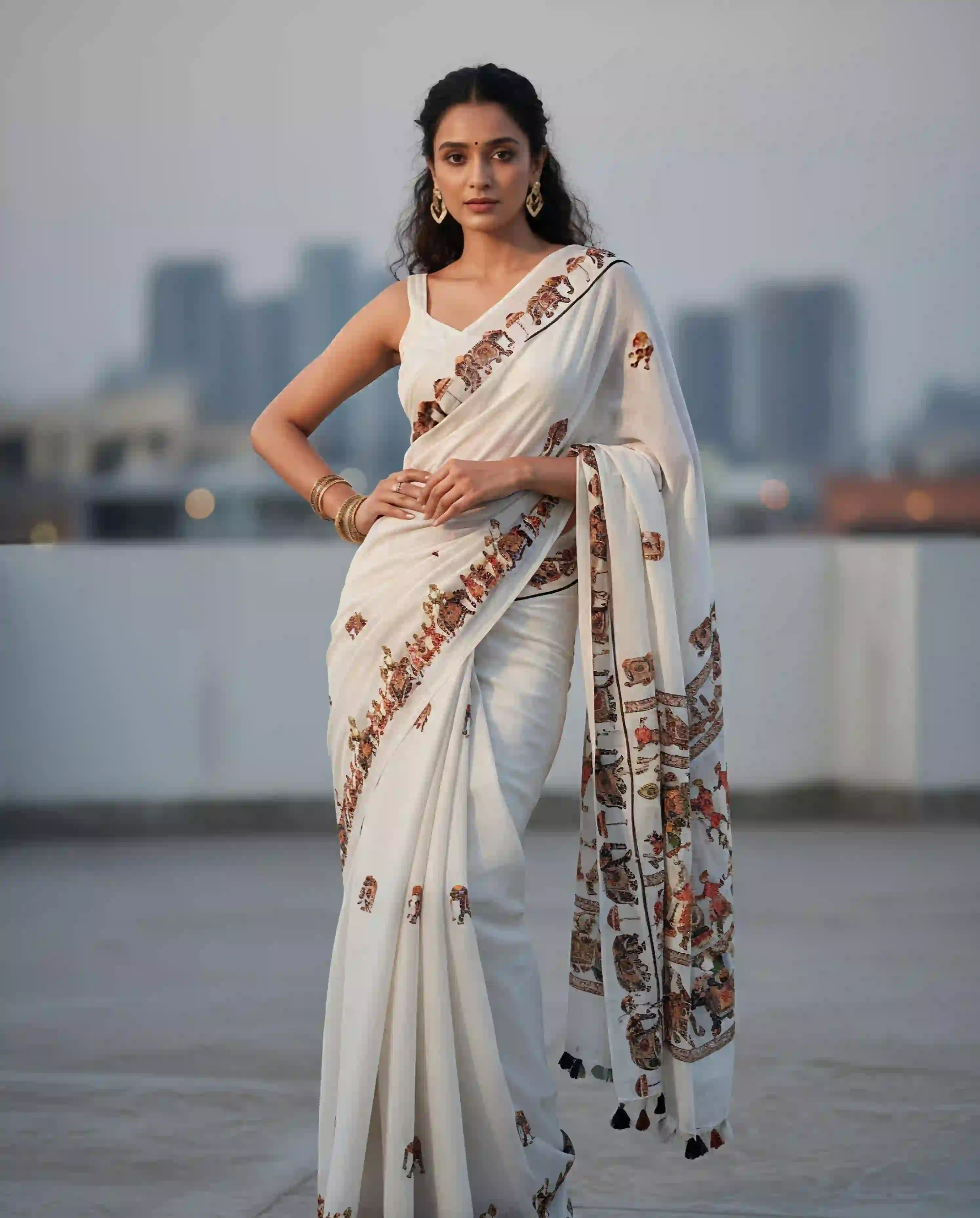 Royal Hathi Linen Printed Saree for Women | Elephant Print Saree