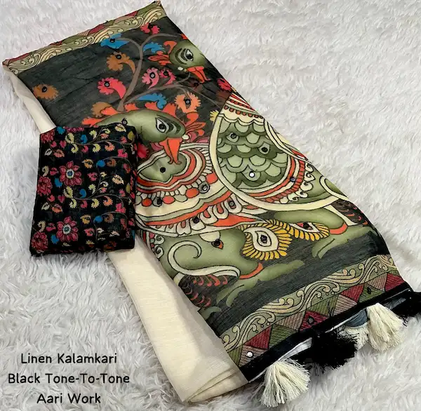 Kalamkari Linen Saree with Aari Mirror Work | Premium Linen Saree