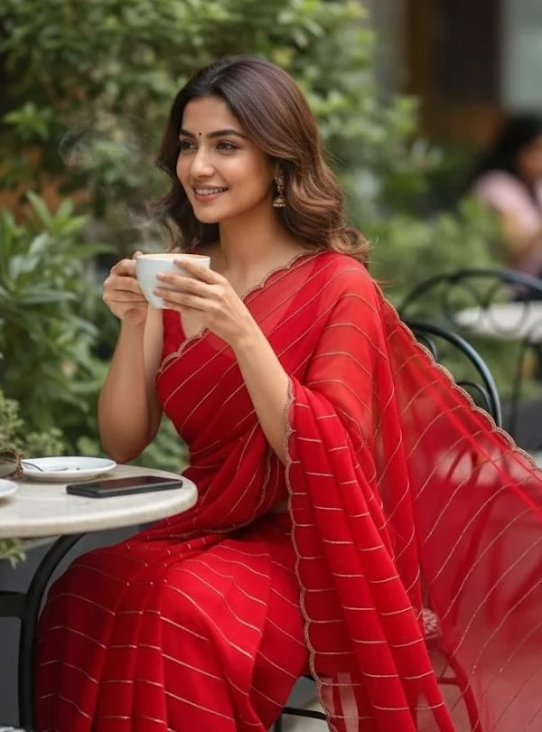 Red Georgette Hand Work Saree with Cutdana Border | Party Wear Saree