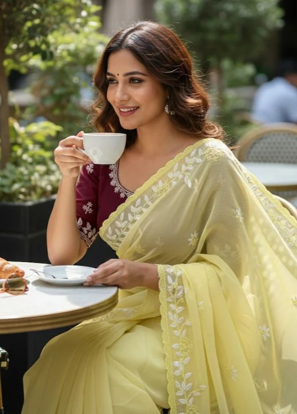 Chiffon Saree with Embroidery Panel Work | Contrast Blouse Saree