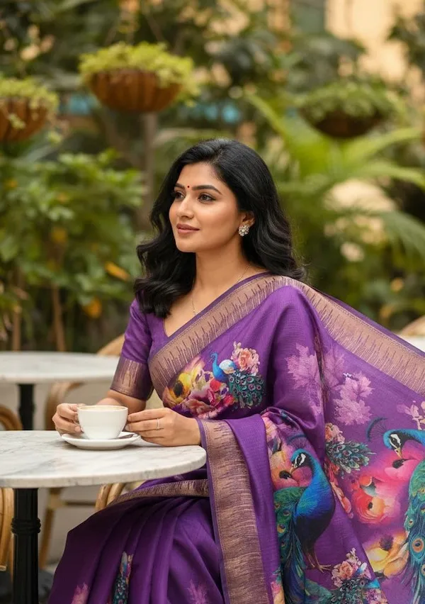 Soft Kota Check Saree with Floral Digital Print | Printed Blouse Saree