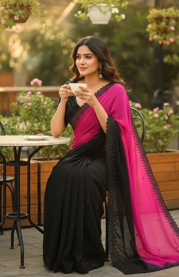 Soft Chiffon Silk Saree with Sequence Border | Designer Blouse Saree