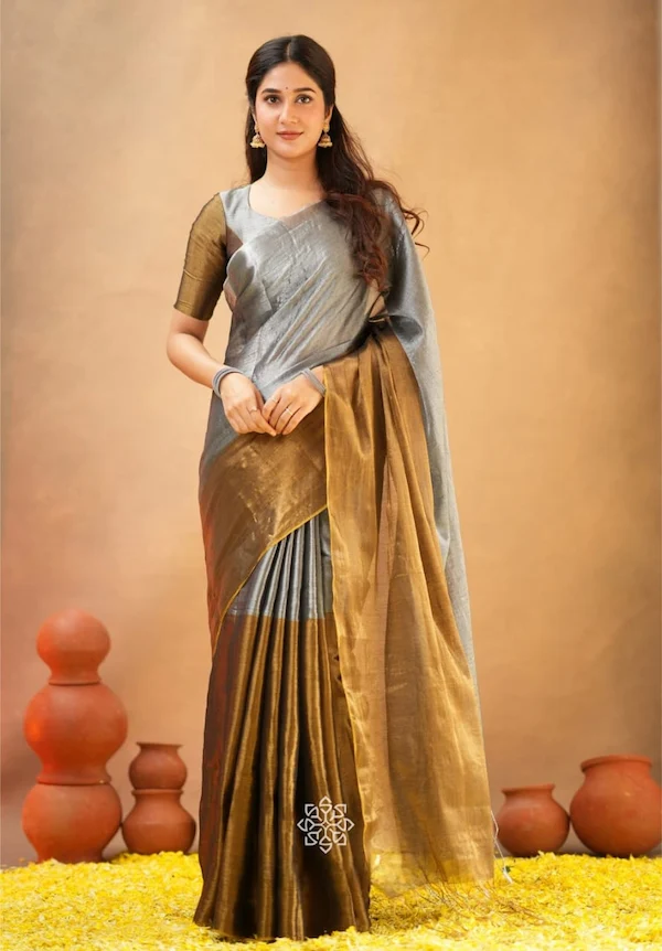 Khadi Cotton Tissue Handloom Saree | Half & Half Tissue Saree
