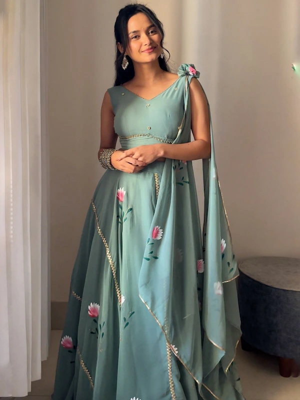 Hand Painted Georgette Lehenga Set with Draped Dupatta