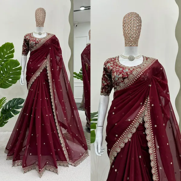 Designer Tibby Silk Saree with Matching Blouse | Party & Festive Wear