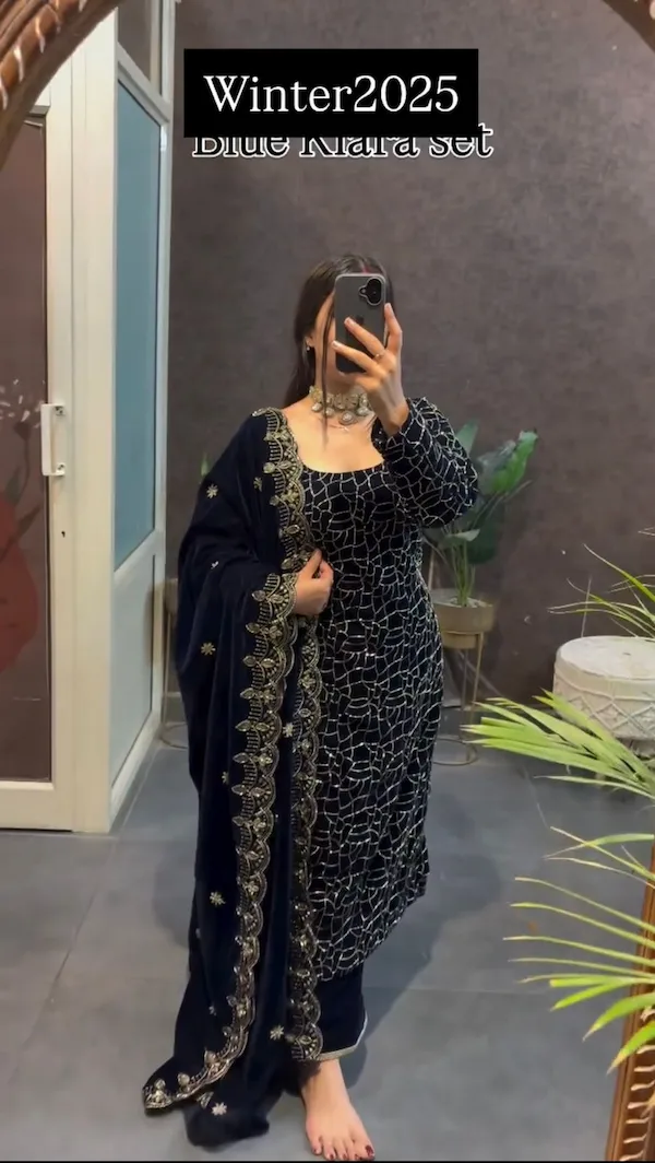 Designer Velvet Top, Pant & Dupatta Set | Festive Wear