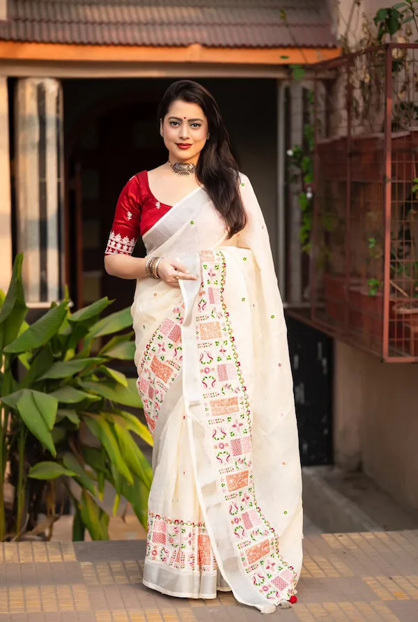 Lucknowi Silver Linen Saree with Border | Beautiful Women Wear