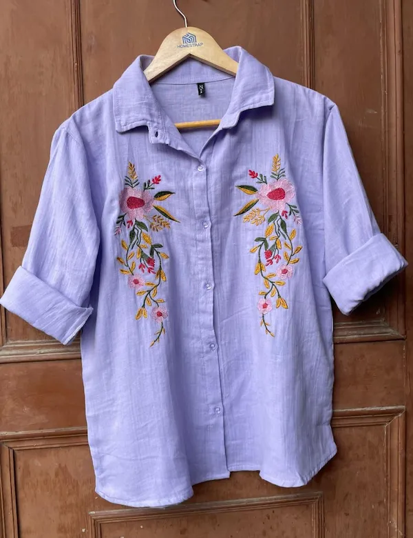 Mulmul Cotton Flower Embroidery Shirt for Women | Comfortable Wear