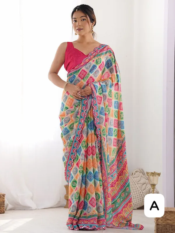 Soft Georgette Printed Saree with Mirror Work