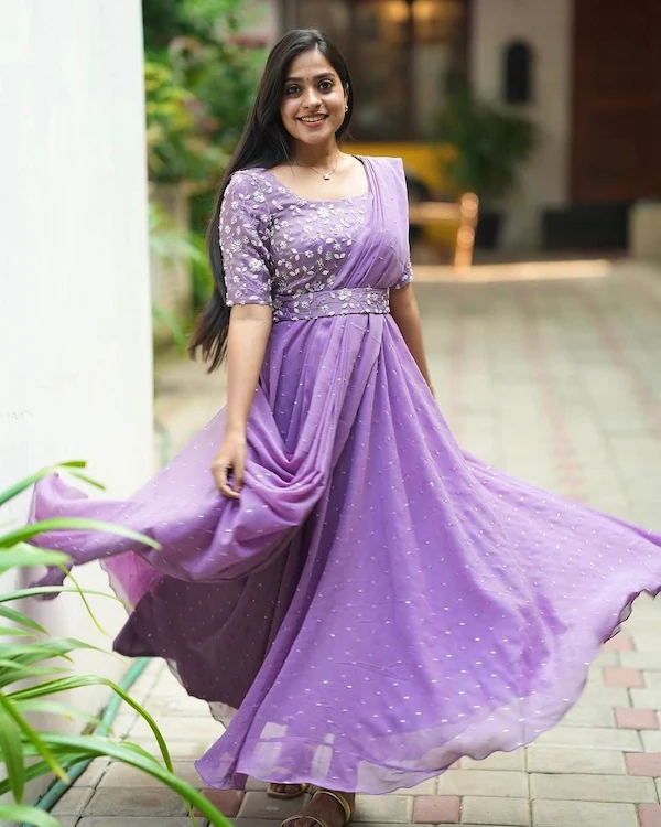 Georgette Embroidered Gown with Attached Dupatta & Belt