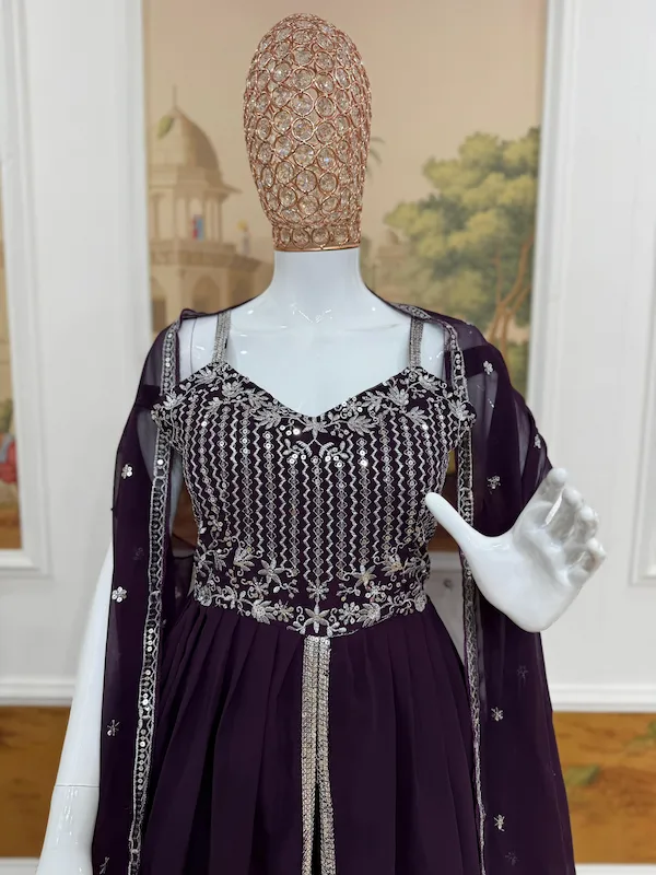 Faux Georgette 3-Piece Lehenga Set Lehenga, Koti & Dupatta Embroidered Party Wear