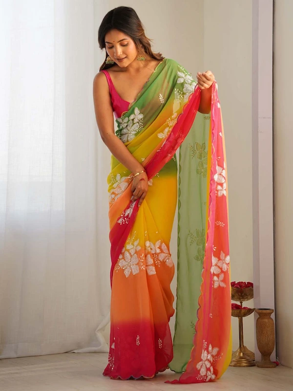 Soft Georgette Silk Padded Saree with Embroidery