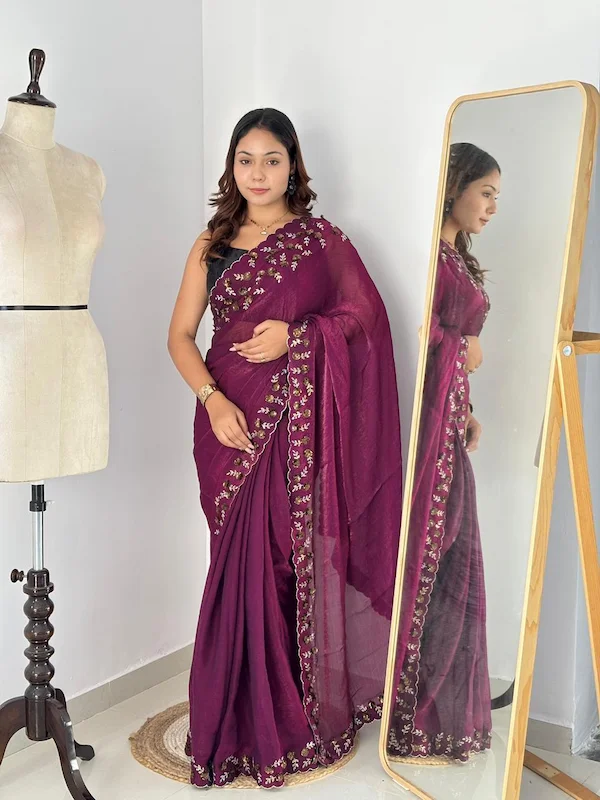 Two-Tone Fendy Chiffon Diamond Work Saree with Rich Blouse