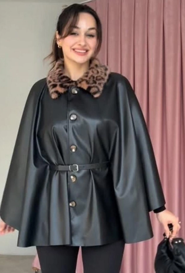 Korean Faux Leather Cape Coat
