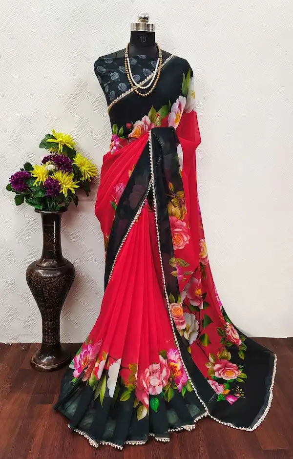 Soft Georgette Digital Print Saree with Pearl Lace