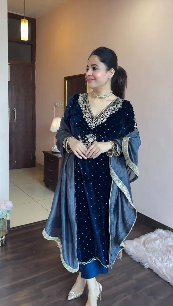 Viscose Velvet Top Pant Set with Organza Dupatta