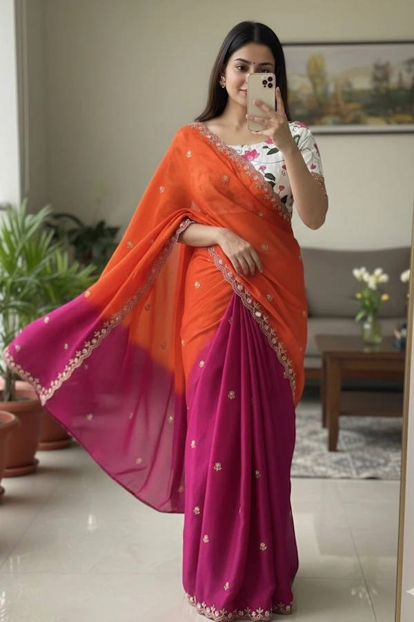 Double Shade Chinnon Embroidered Saree with Moti Work