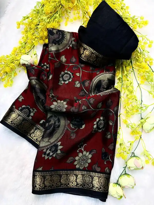 Hathi Kalamkari Dola Silk Saree with Zari Border
