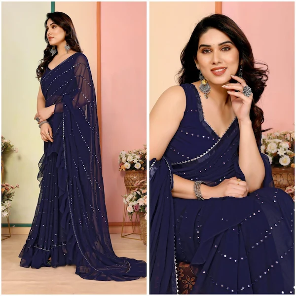 Soft Georgette Saree with Ruffle & Foil Mirror Work