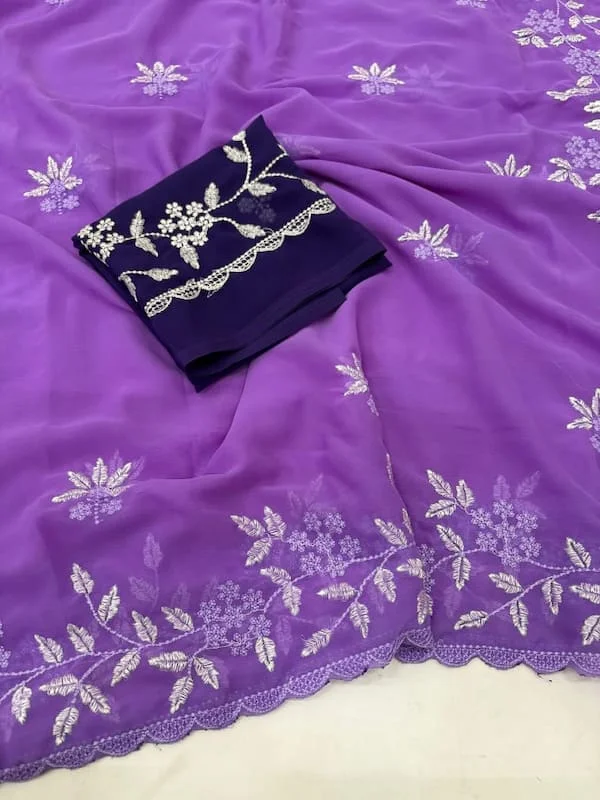 Premium Georgette Saree with Floral Embroidery & Contrast Blouse
