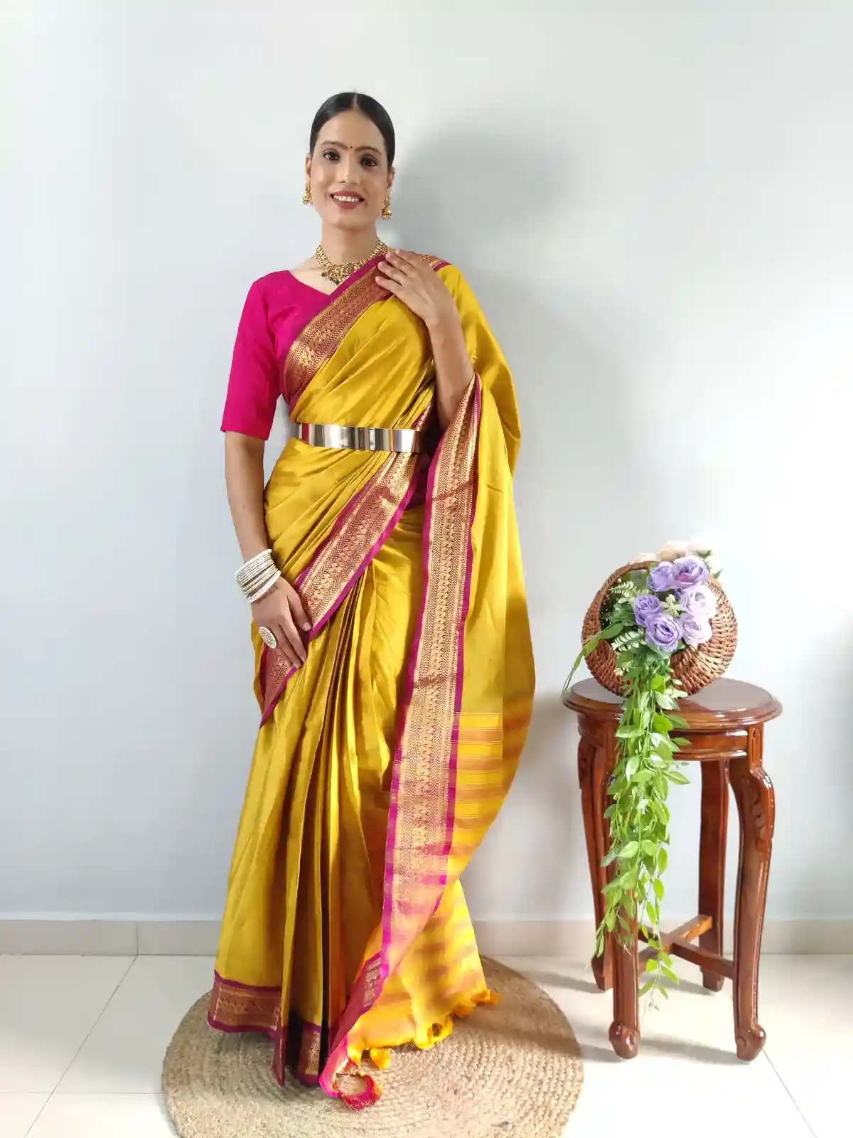 Yellow Traditional Silk Ready To Wear Pleated Saree