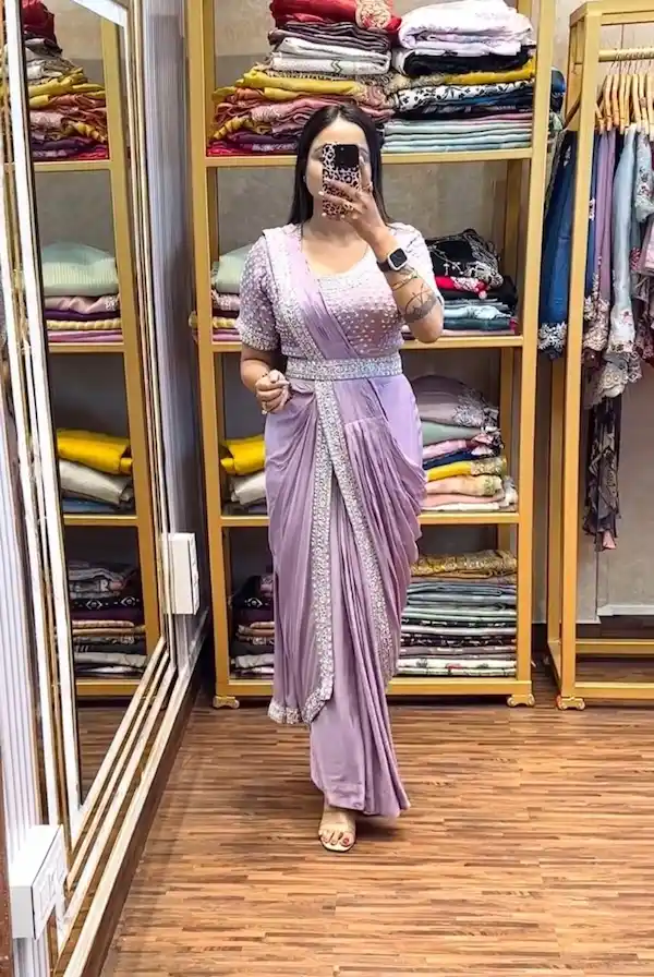 Women Ready to Wear Embroidered Chinon Saree with Blouse