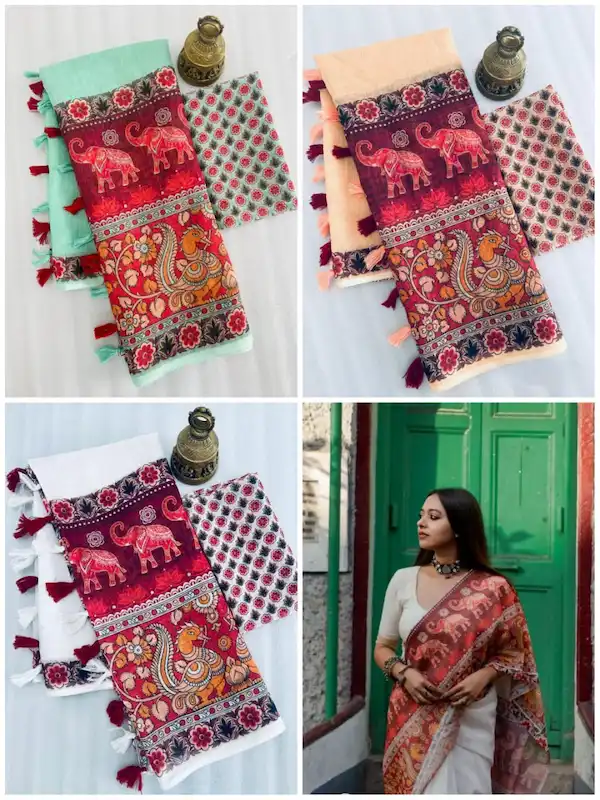 Women Plain Linen Saree with Digital Print Blouse | Casual & Daily Wear Saree