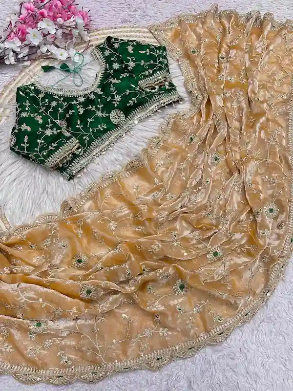 Women Fendy Satin Saree with Multi Sequin Embroidery & Stitched Blouse