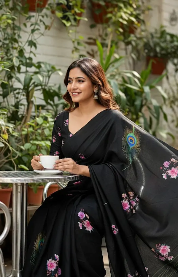 Women Handloom Tussar Silk Kalamkari Digital Print Saree with Tassels