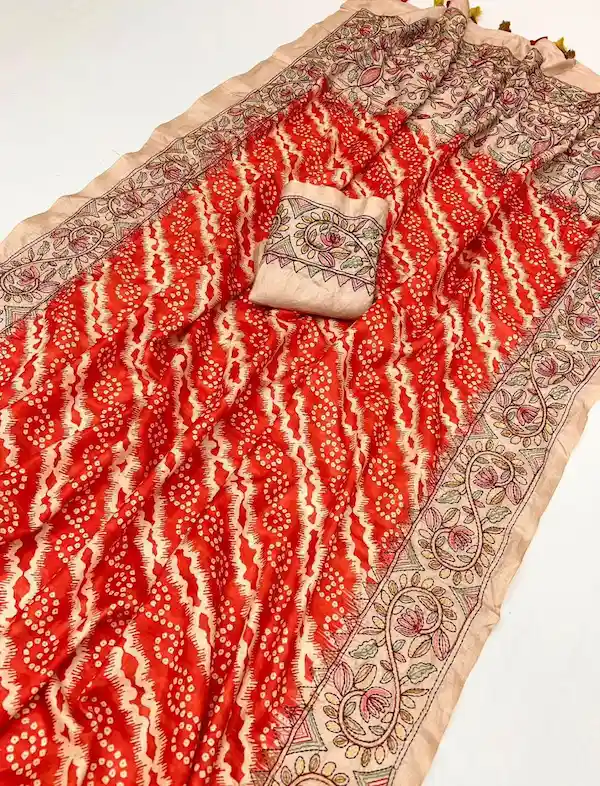 Women Heavy Tussar Silk Saree with Bandhej Digital Print & Kalamkari Border | Festive Wear