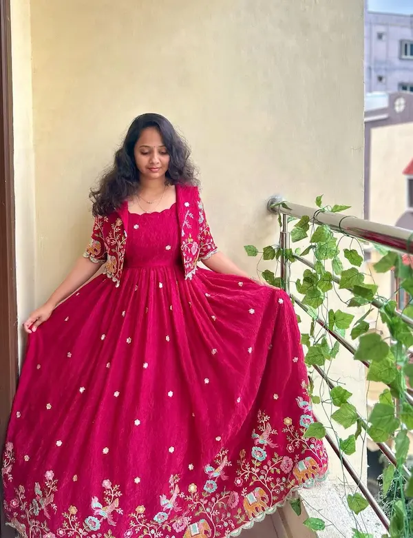 Women Vichitra Silk Embroidered Anarkali Gown with Detachable Jacket