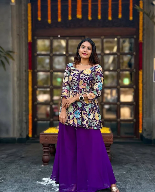 Women Purple Peplum Top with Sharara Palazzo Set