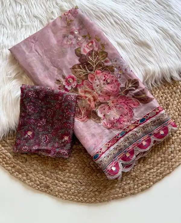 Women Pure Tebby Silk Saree with Digital Floral Print & Sequin Work 