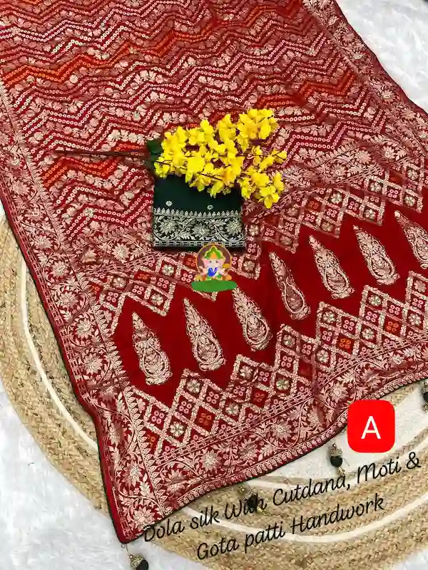 Women Soft Dola Silk Bandhej Saree with Meenakari & Zari Weaving