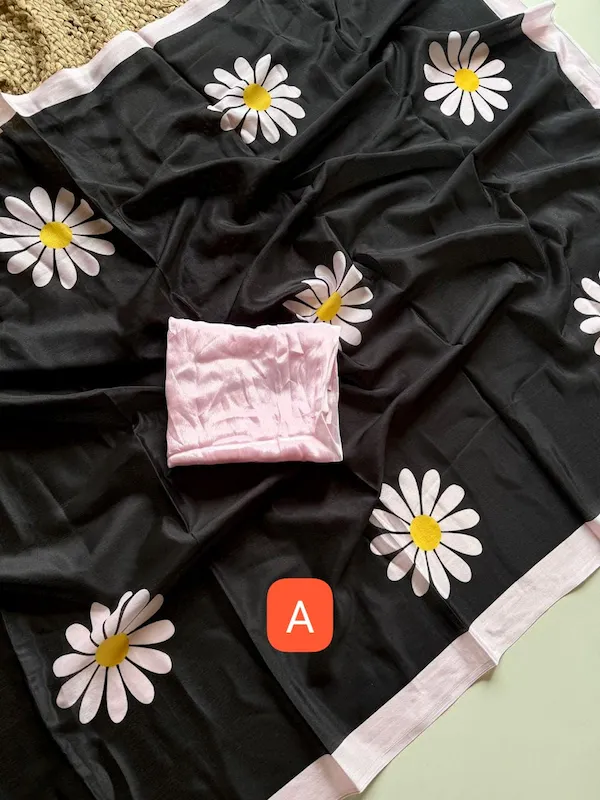 Women Soft Chinon Saree with Black Floral Print & Contrast Blouse | Casual & Party Wear