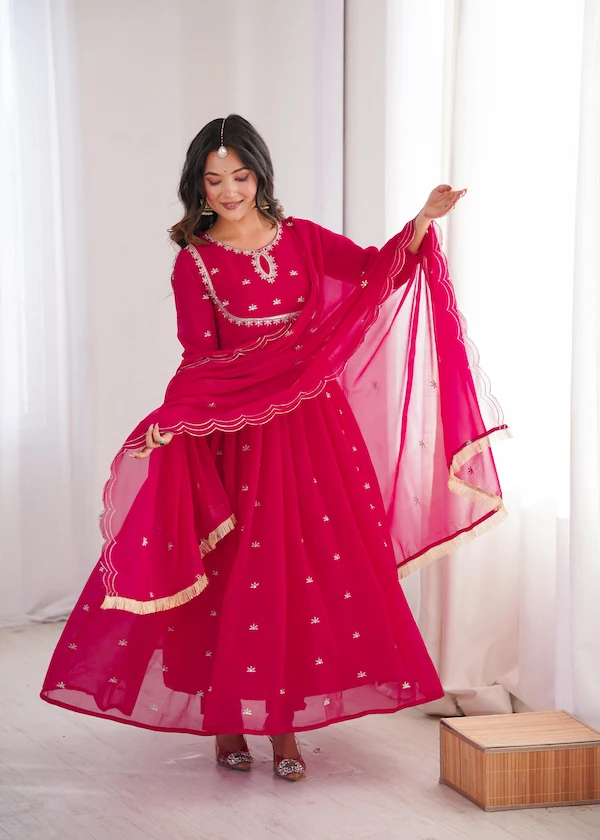 Sequins Embroidered Georgette Anarkali Gown Set with Pant & Dupatta