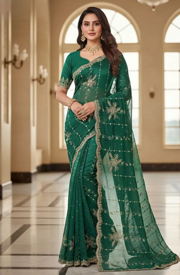 Heavy Fendy Satin Saree with All Over Embroidery Work